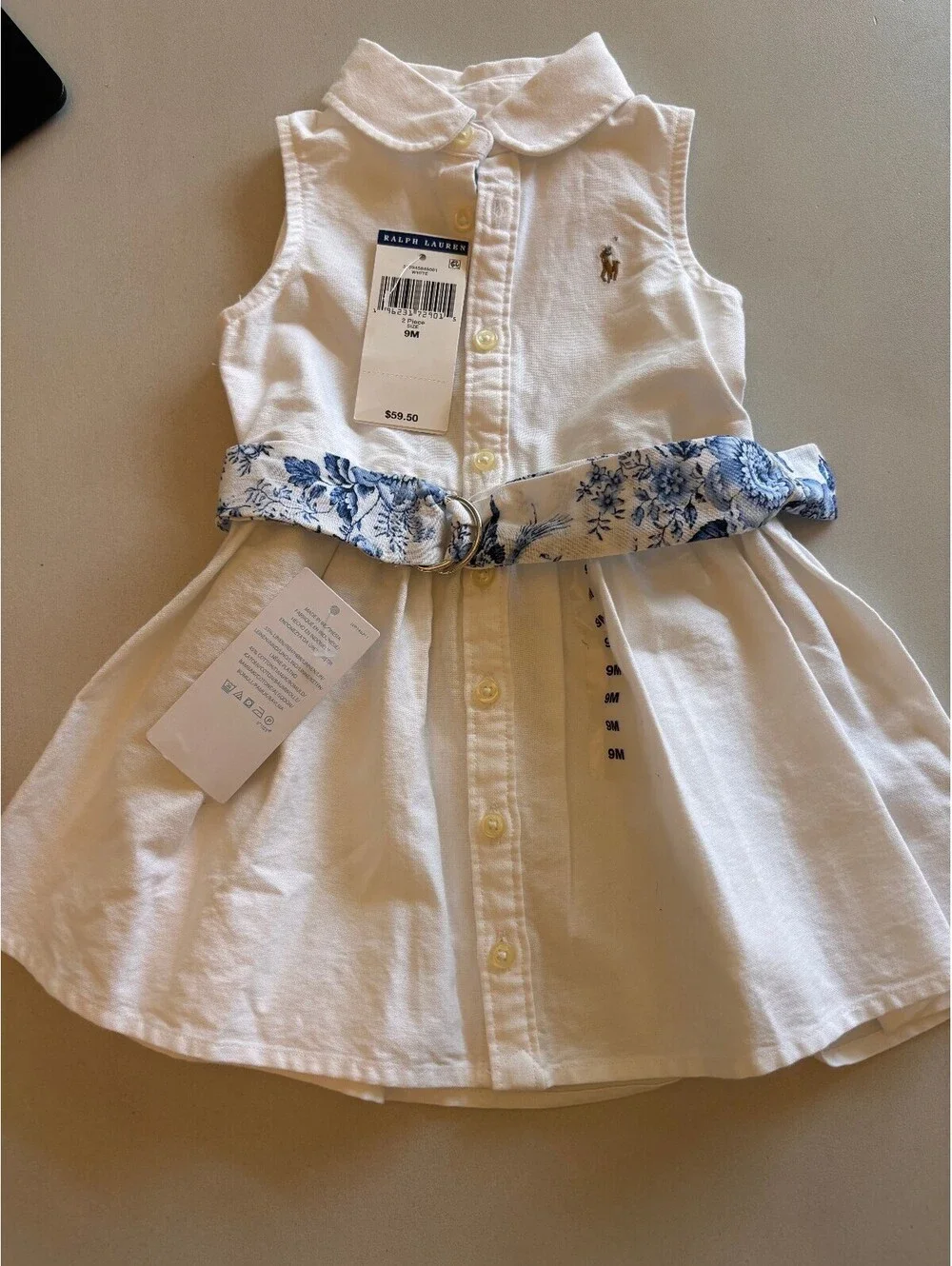 NWT Ralph Lauren Baby Girl White Sleeveless Dress w. Floral Belt Size 9M